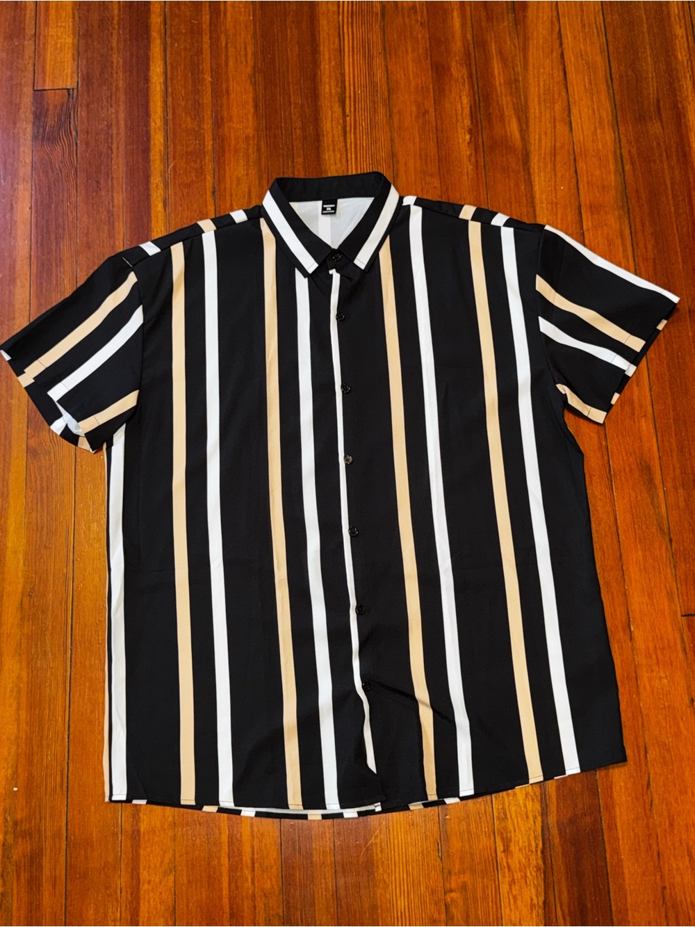 Men's Short-Sleeve Button-Down Shirt — Black with White & Tan Stripes